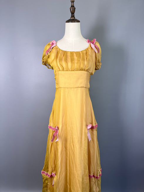 Vintage Yellow Regency Era Dress with Puff Sleeves and Pink Bows - Yellow Regency Era Dress Plus Size